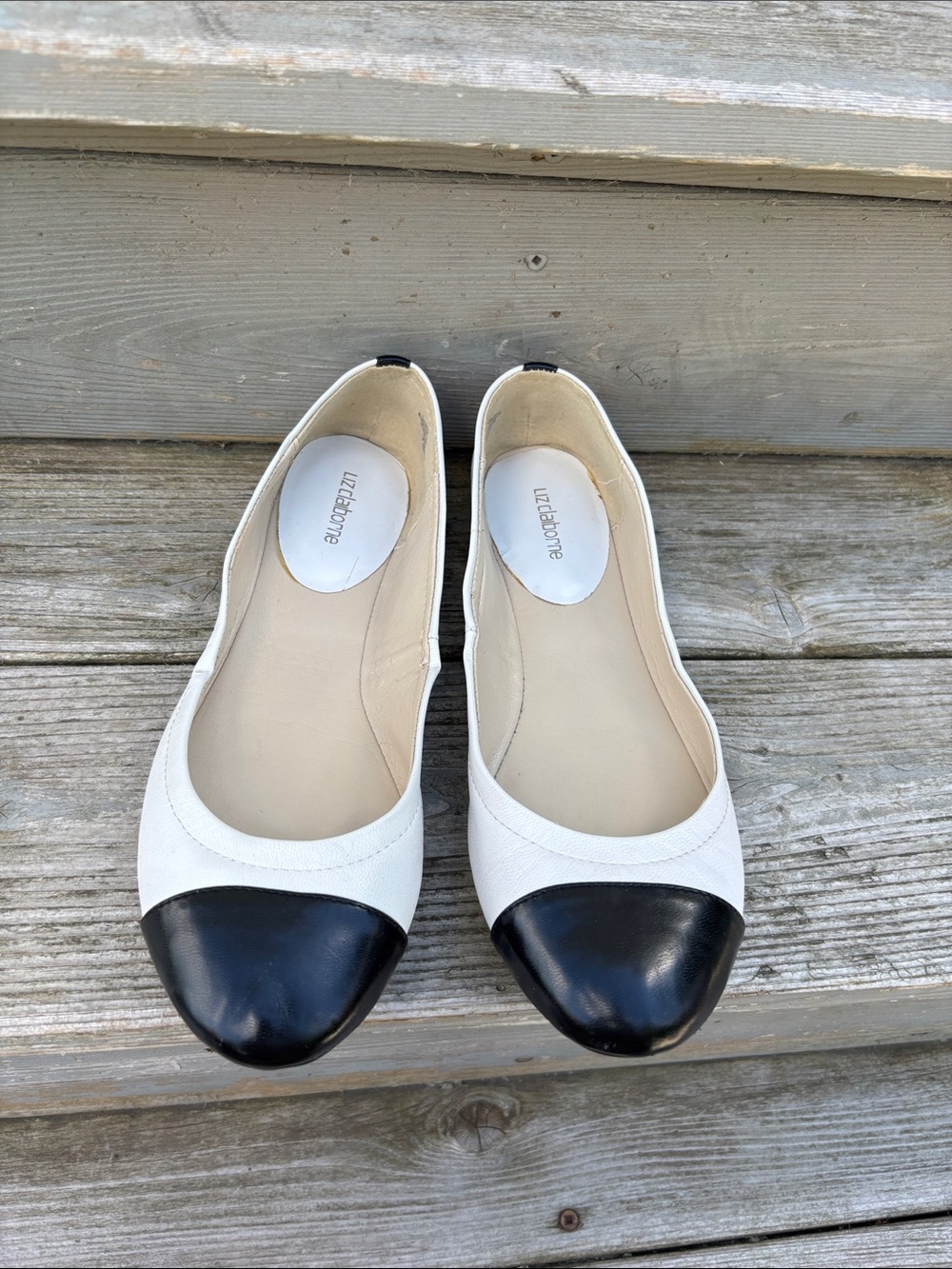 Liz Claiborne Two-Tone White and Black Cap-Toe Ballet Flats